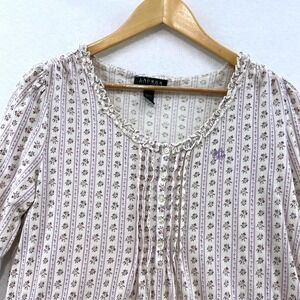 Lauren Ralph Lauren Womens Floral Striped Pajama Top Long Sleeve Button Neck M